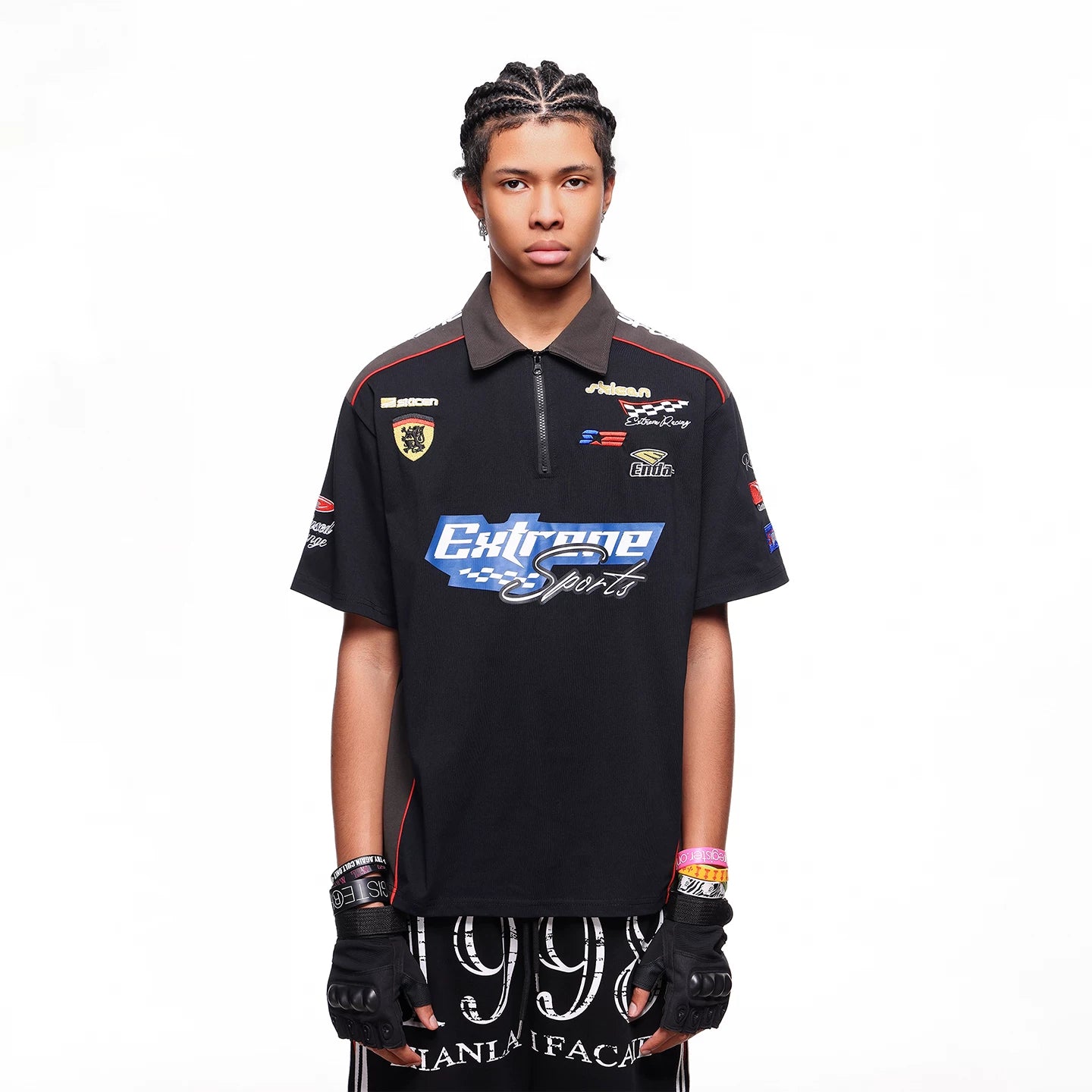 American high-end racing suit with half zipper collar T-shirt, men's summer loose design, embroidered polo shirt, short sleeved