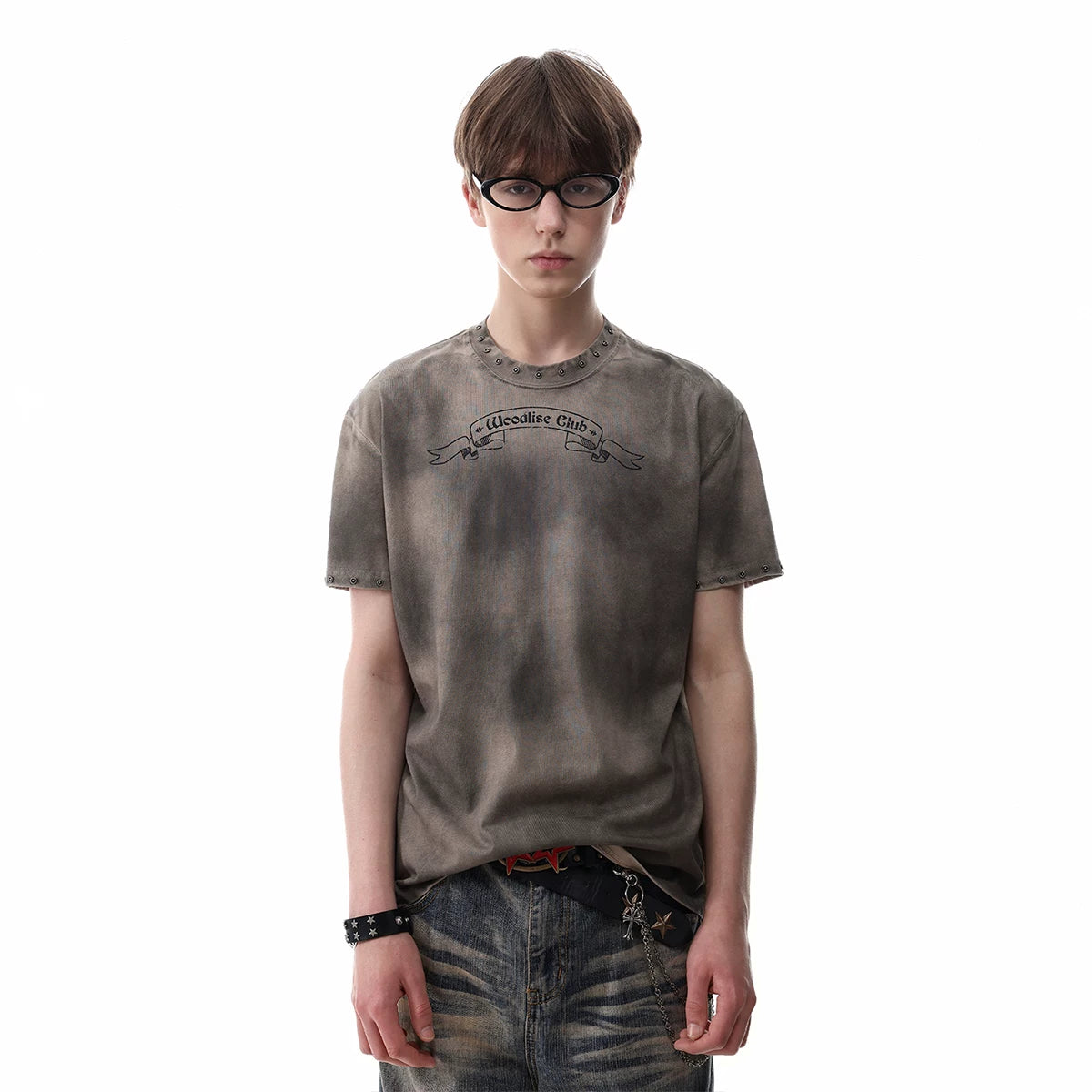 Visual style light Asian style vintage tie dye printed short sleeved men's summer shoulder boxy version rivet punk T-shirt