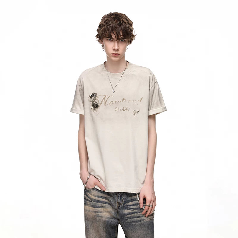TREND ST Summer Loose Heavy Weight 300g Pure Cotton Short sleeved Men's American Retro Washed Outdated Printed T-shirt