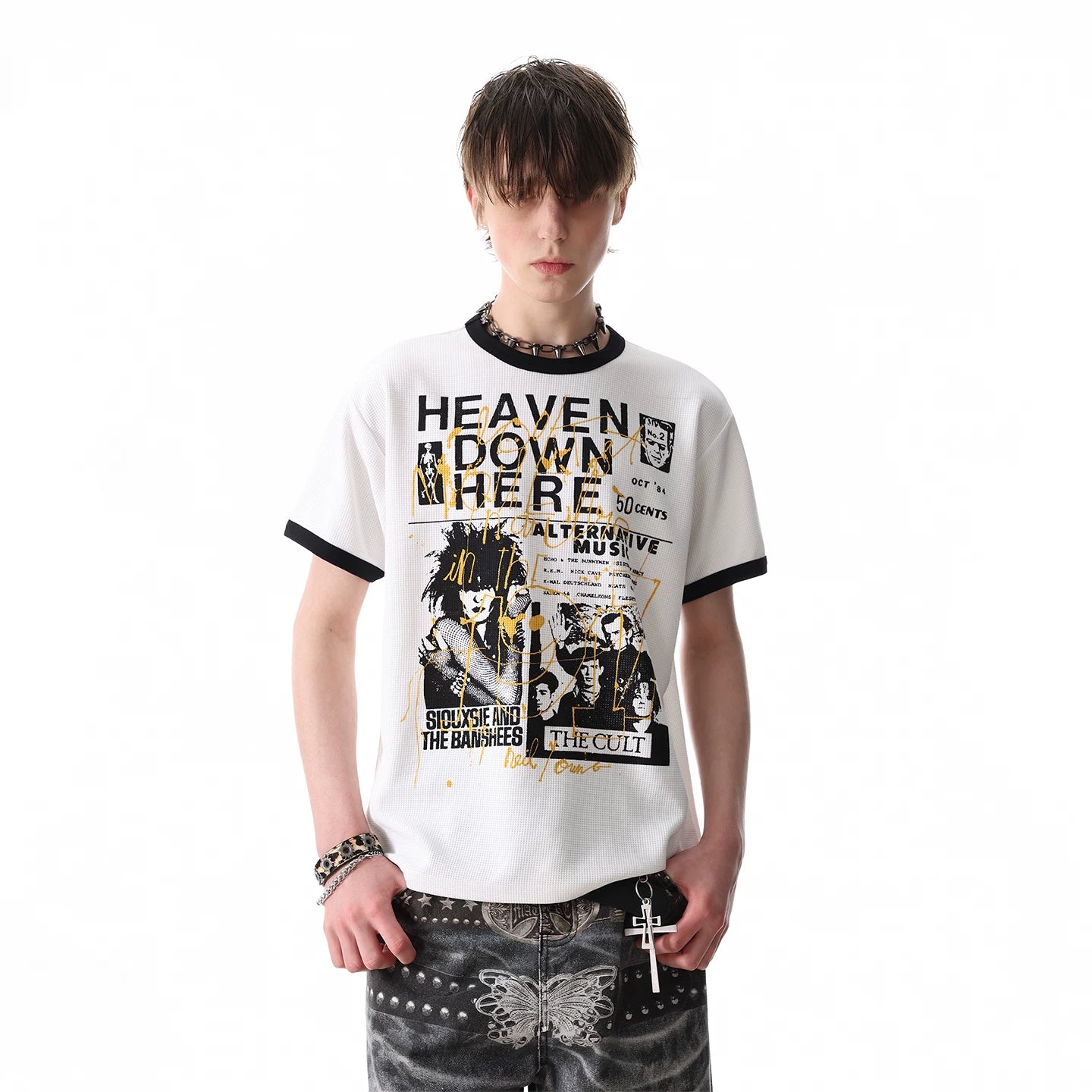 TREND ST Summer Street Punk Figure Printed Shoulder Short sleeved T-shirt Men's Boxy Version Short T-shirt