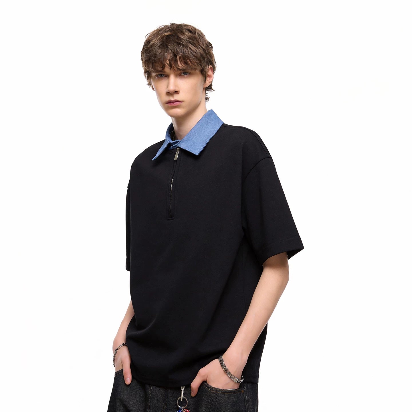 Fake two contrasting color lapel miu department college style short sleeved T-shirt for men and couples, Korean version trendy shirt collar T-shirt