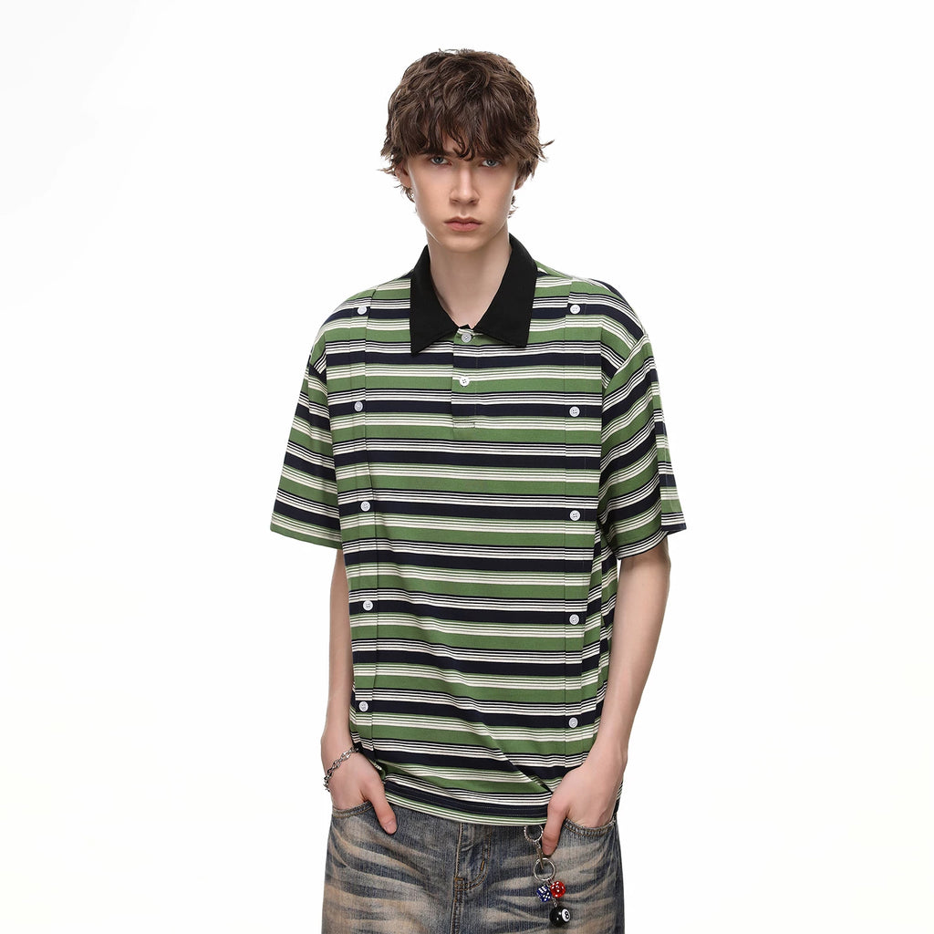 Trendy block clean fit design double row button polo shirt short sleeved men's summer loose casual striped T-shirt
