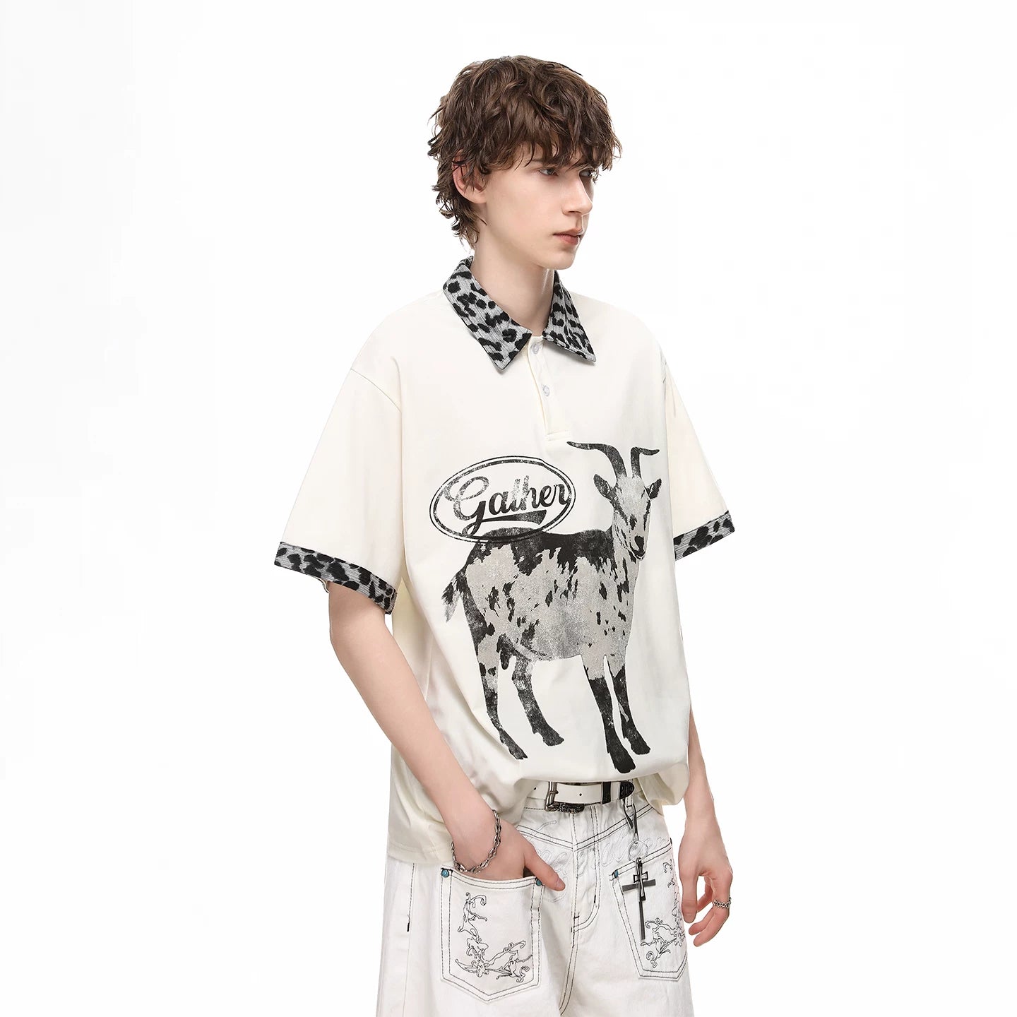Trendy block American style loose goat print polo shirt short sleeved men's summer leopard print patchwork couple T-shirt