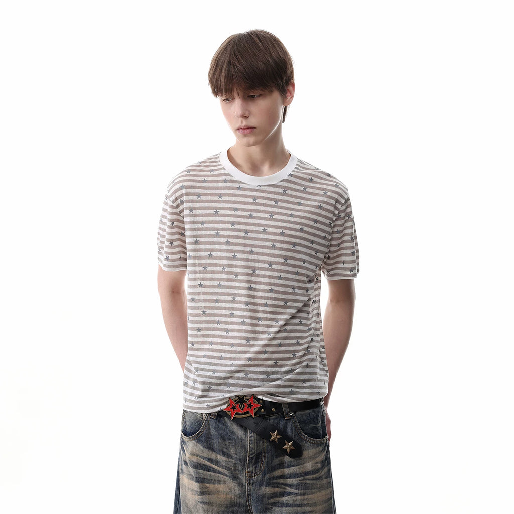 TREND ST striped star short sleeved American retro Lyocell short shoulder skinny millennium style T-shirt