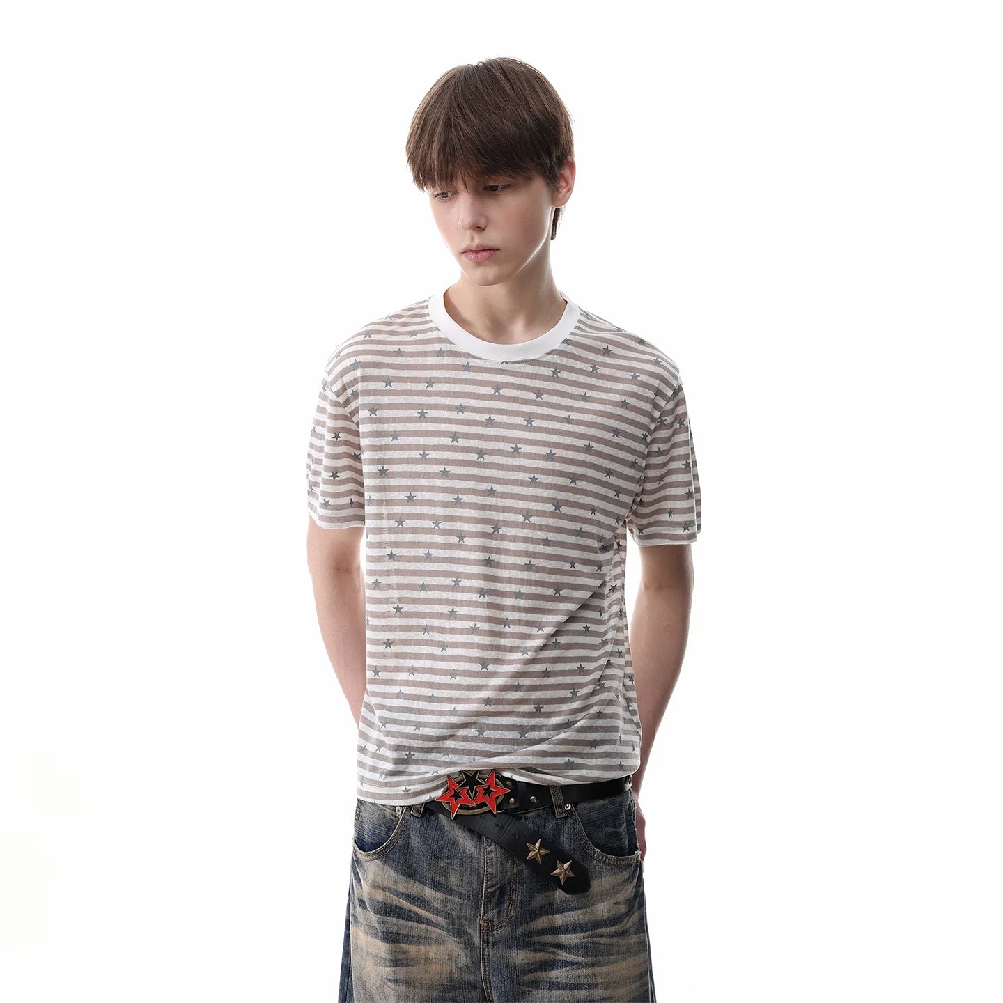 TREND ST striped star short sleeved American retro Lyocell short shoulder skinny millennium style T-shirt