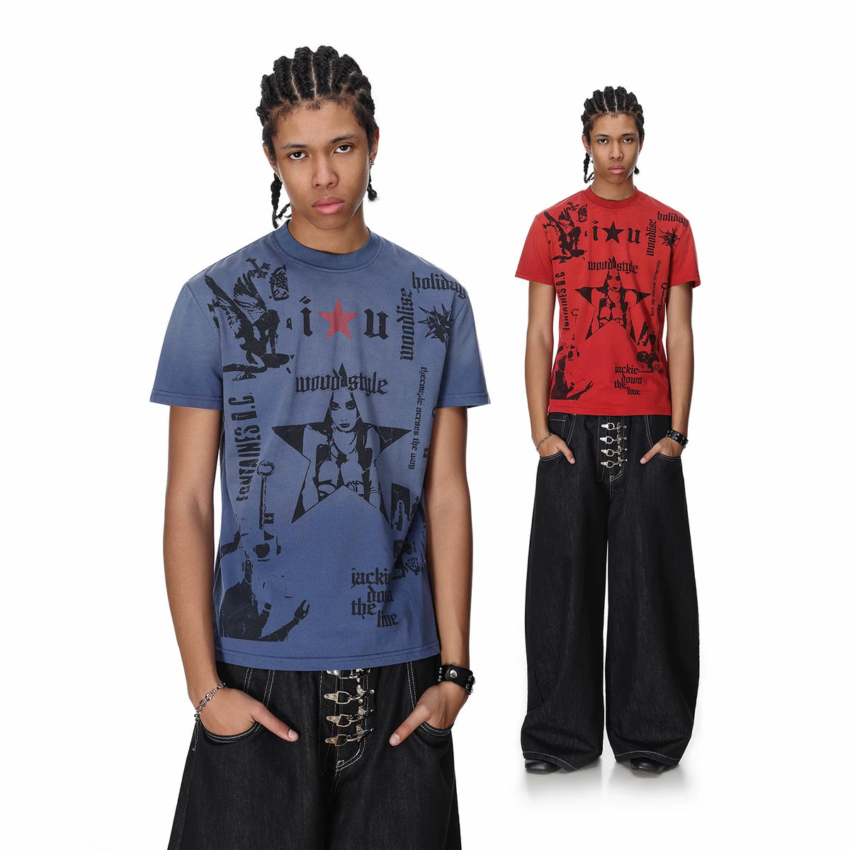 Trendy block light punk style printed shoulder short sleeved T-shirt for men's summer American boxy version couple T-shirt ins