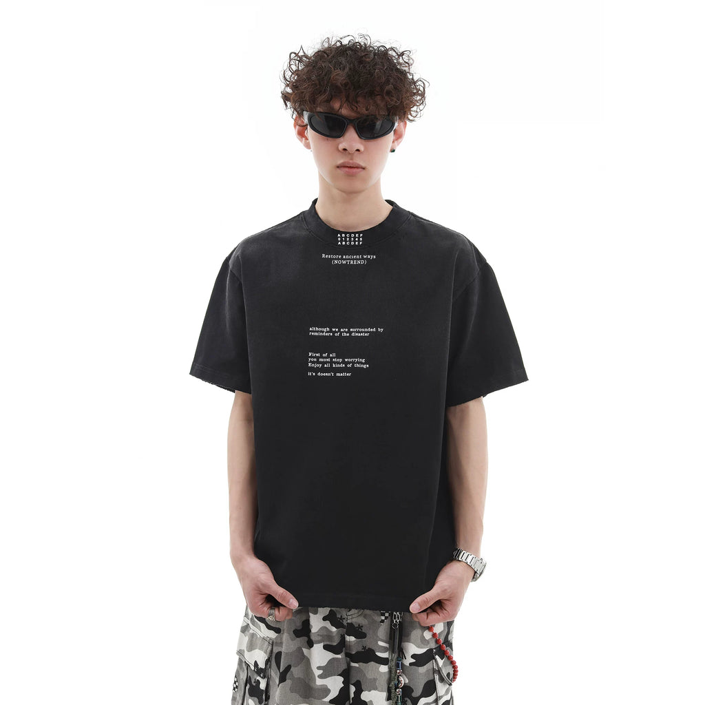 300g Heavy duty Small Collar T-shirt Men's Trendy Brand Loose Letter Pure Cotton Short Sleeve High Weight Remake Old Gradient T-shirt Summer