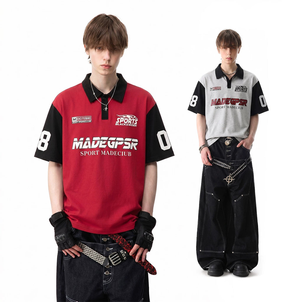 TREND ST American fashion racing style printed polo shirt short sleeved men's and women's summer loose collar cool T-shirt