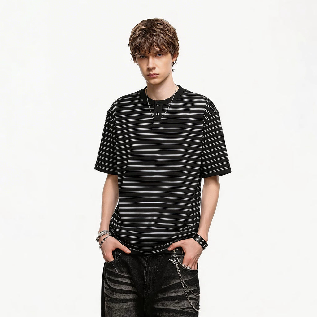 Trendy block American retro striped Henry collar short sleeved T-shirt men's summer loose couple T-shirt old money style top