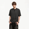 Trendy block American retro striped Henry collar short sleeved T-shirt men's summer loose couple T-shirt old money style top