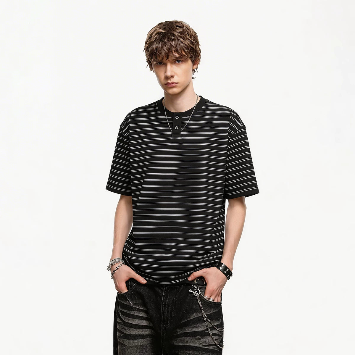 Trendy block American retro striped Henry collar short sleeved T-shirt men's summer loose couple T-shirt old money style top