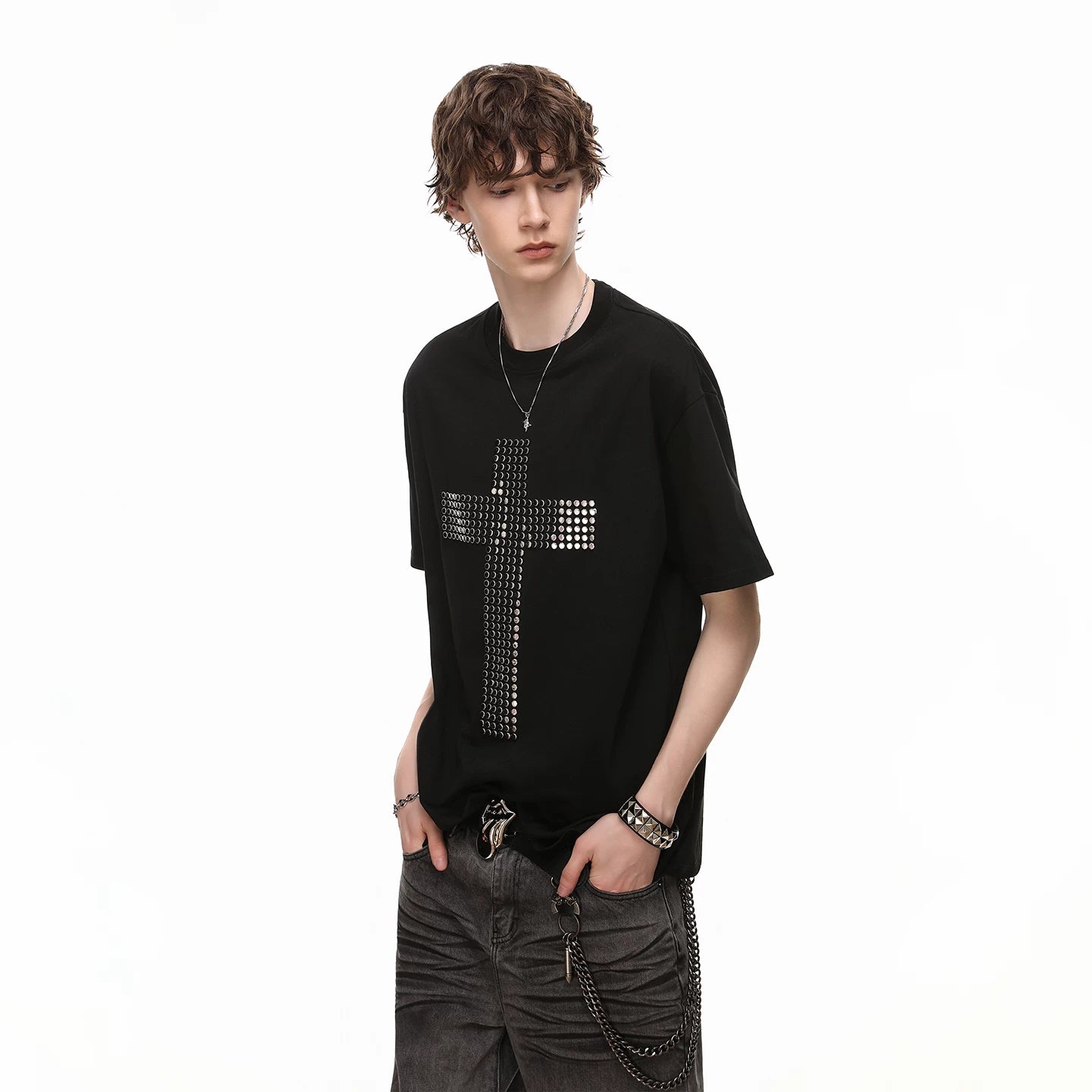 American street design, rivet cross, pure cotton T-shirt, short sleeved men's cleanfit, loose couple half sleeve