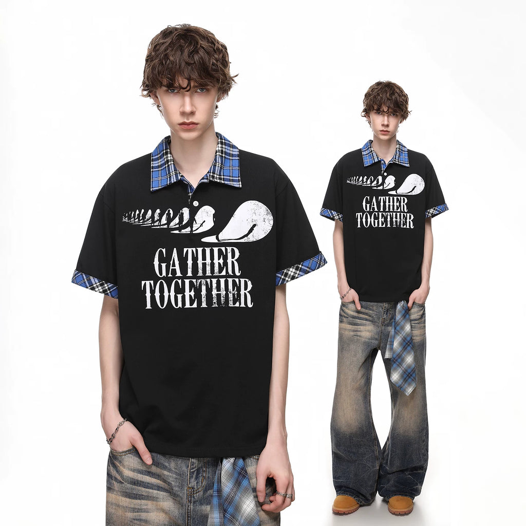 Trendy Street American Retro Checkered Collar T-shirt Men's Summer Loose Design Printed Polo Shirt Short Sleeve