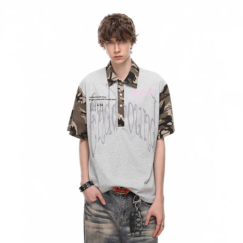 Vintage American style trendy camouflage patchwork short sleeved T-shirt for men, summer loose casual couple polo shirt top