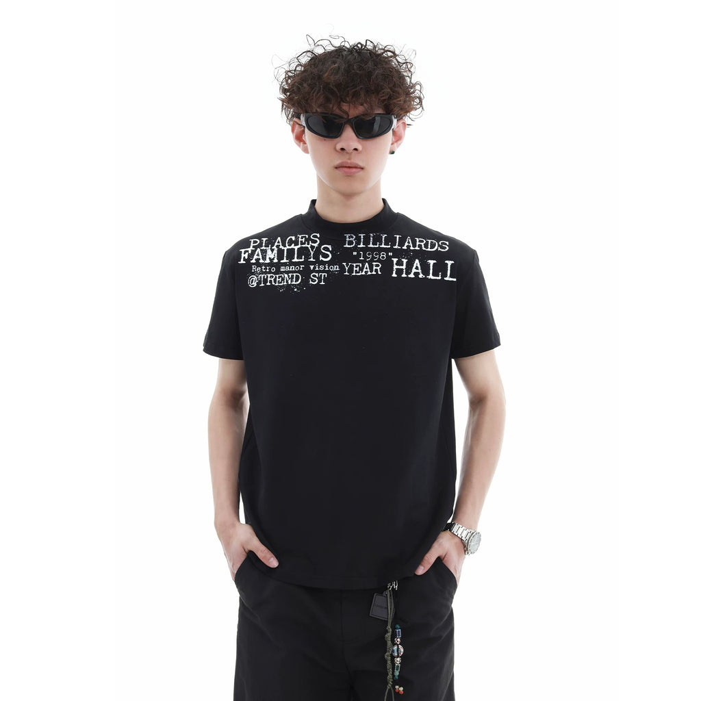 Summer niche letter printed high round neck casual short sleeved shirt for men and women, American style short cut, slim fit, elastic shoulder T-shirt trendy