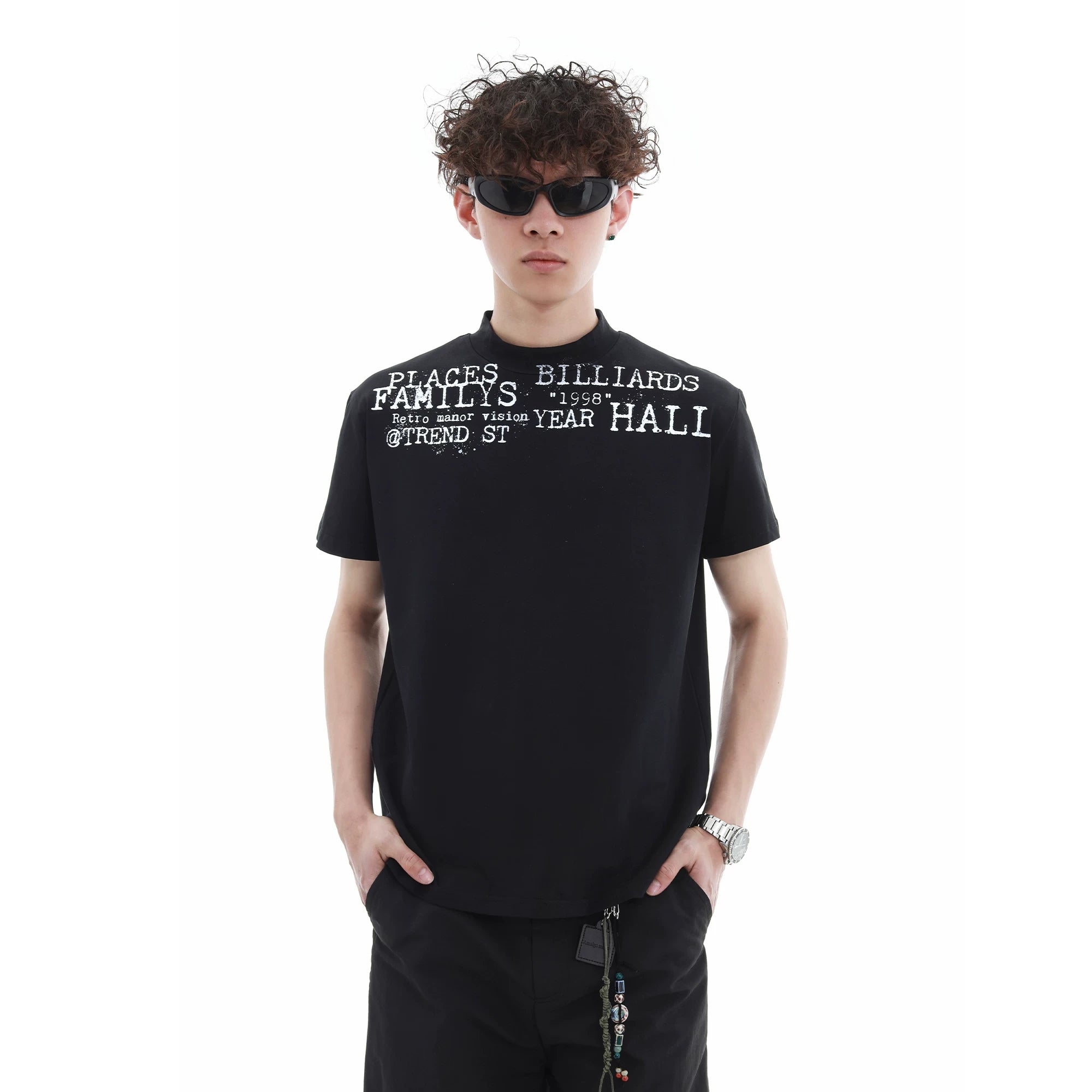 Summer niche letter printed high round neck casual short sleeved shirt for men and women, American style short cut, slim fit, elastic shoulder T-shirt trendy