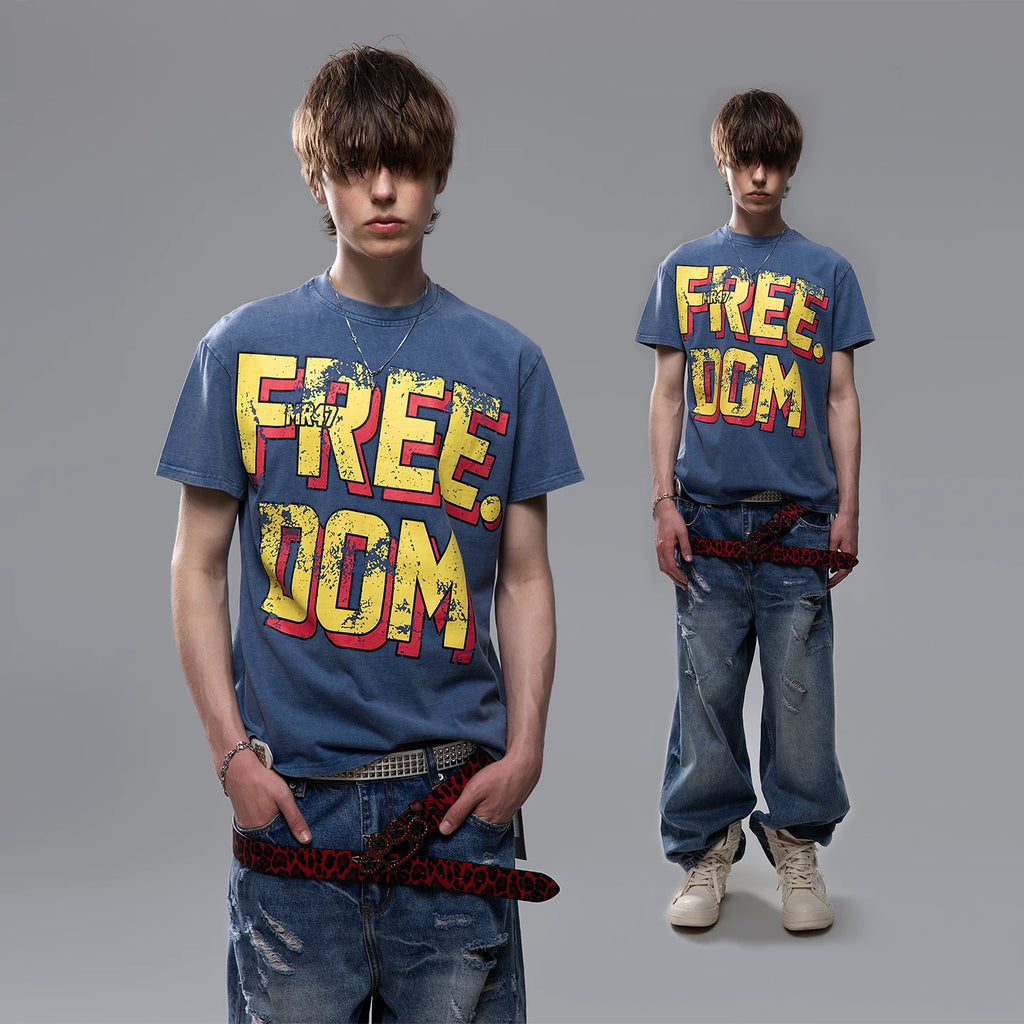 TREND ST Street Trendy Brand Visual Series Washed and Used Short sleeved T-shirt for Men's Summer Front Shoulder Printed Pure Cotton T-shirt
