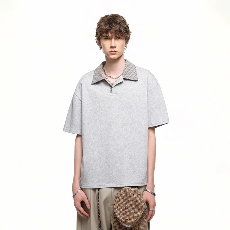 Chao Street Original Genuine Thousand Bird Grid Splicing Polo Collar Super Cool Ice Feeling Loka Air Layer Short Sleeve T-shirt