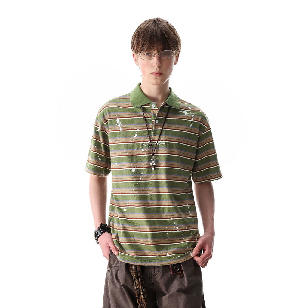 TREND ST American retro contrasting horizontal striped polo shirt short sleeved men's summer splashed ink embroidered loose T-shirt