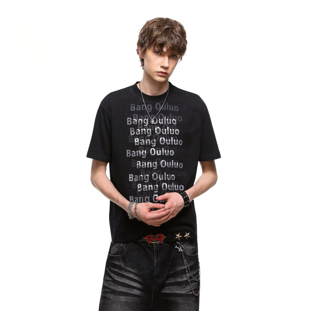 TREND ST American retro washed vintage printed short sleeved T-shirt for men's summer loose heavyweight waffle top