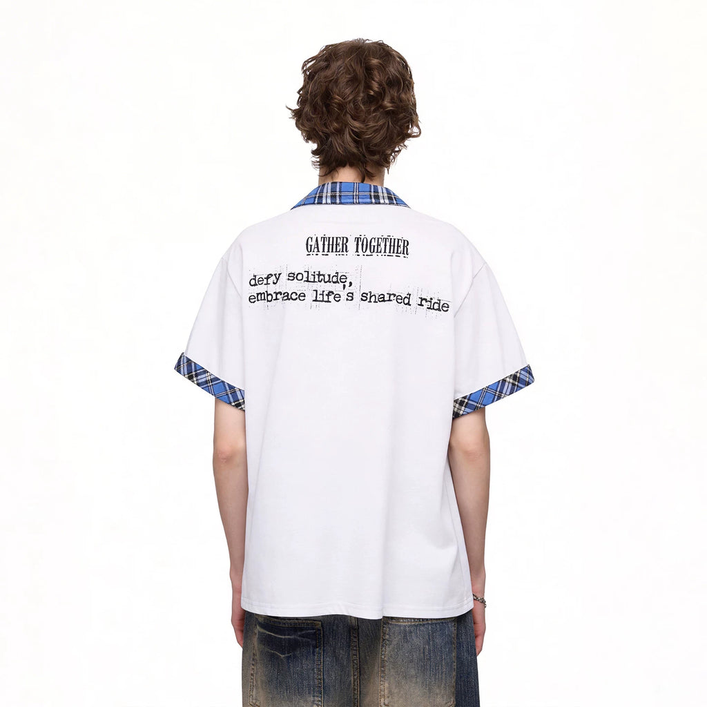 Trendy Street American Retro Checkered Collar T-shirt Men's Summer Loose Design Printed Polo Shirt Short Sleeve