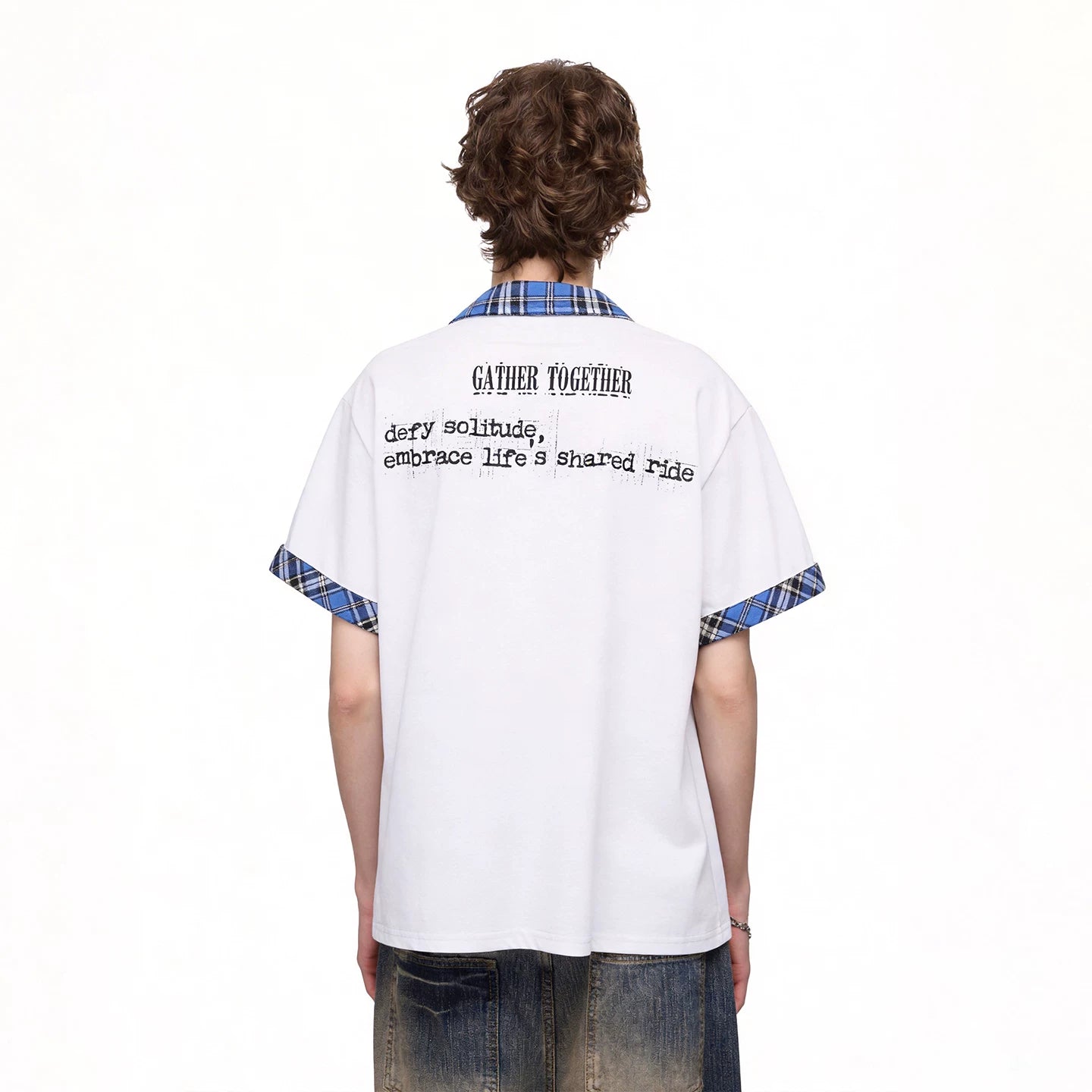 Trendy Street American Retro Checkered Collar T-shirt Men's Summer Loose Design Printed Polo Shirt Short Sleeve