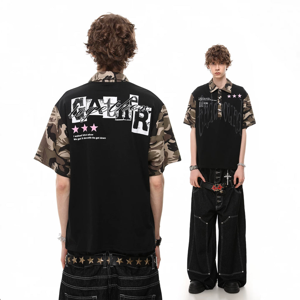 Vintage American style trendy camouflage patchwork short sleeved T-shirt for men, summer loose casual couple polo shirt top