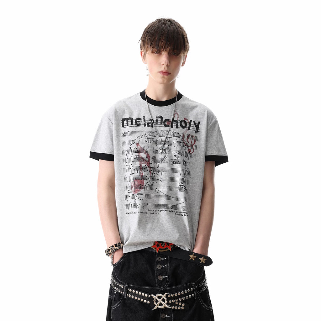 TREDN ST Original Street Note Score Printed Solona T-shirt Men's Summer Boxy Short Shoulder Short Sleeve