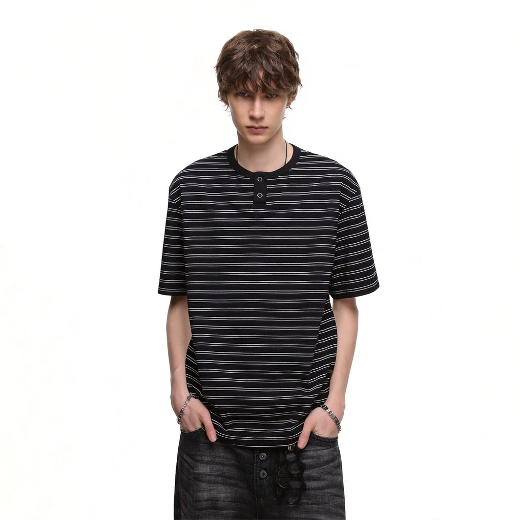 Trendy block American retro striped Henry collar short sleeved T-shirt men's summer loose couple T-shirt old money style top