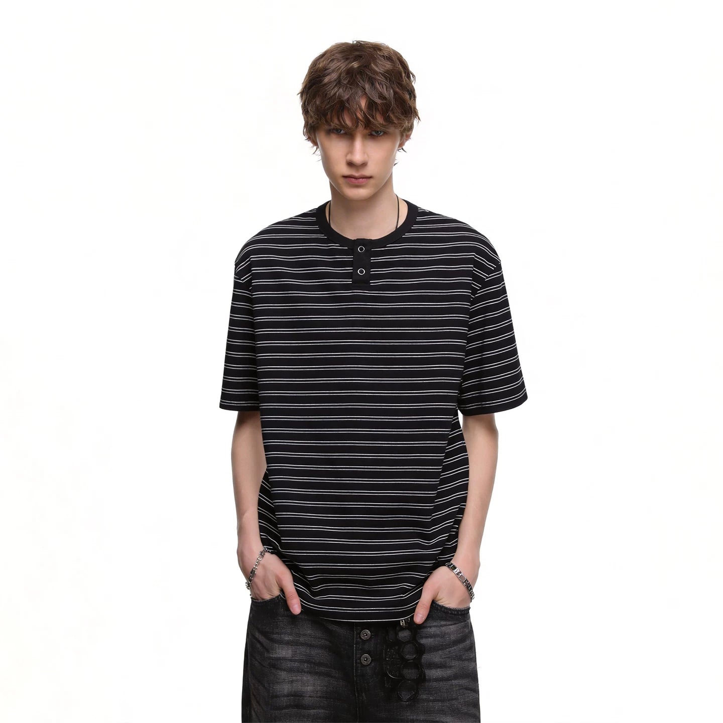 Trendy block American retro striped Henry collar short sleeved T-shirt men's summer loose couple T-shirt old money style top