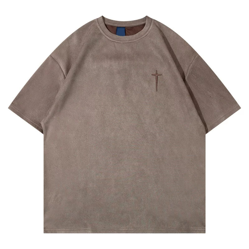 American retro embroidered suede short sleeved T-shirt for men's summer fashion brand hip-hop loose couple casual half sleeved T-shirt
