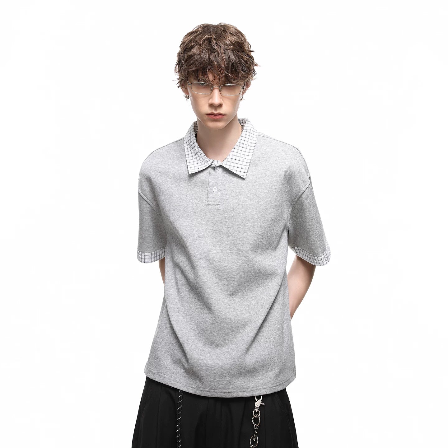 American retro fake two piece polo shirt short sleeved men's summer plaid lapel couple T-shirt cleanfit half sleeve
