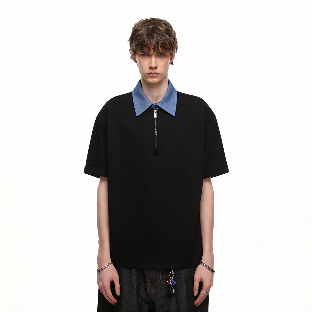 Fake two contrasting color lapel miu department college style short sleeved T-shirt for men and couples, Korean version trendy shirt collar T-shirt