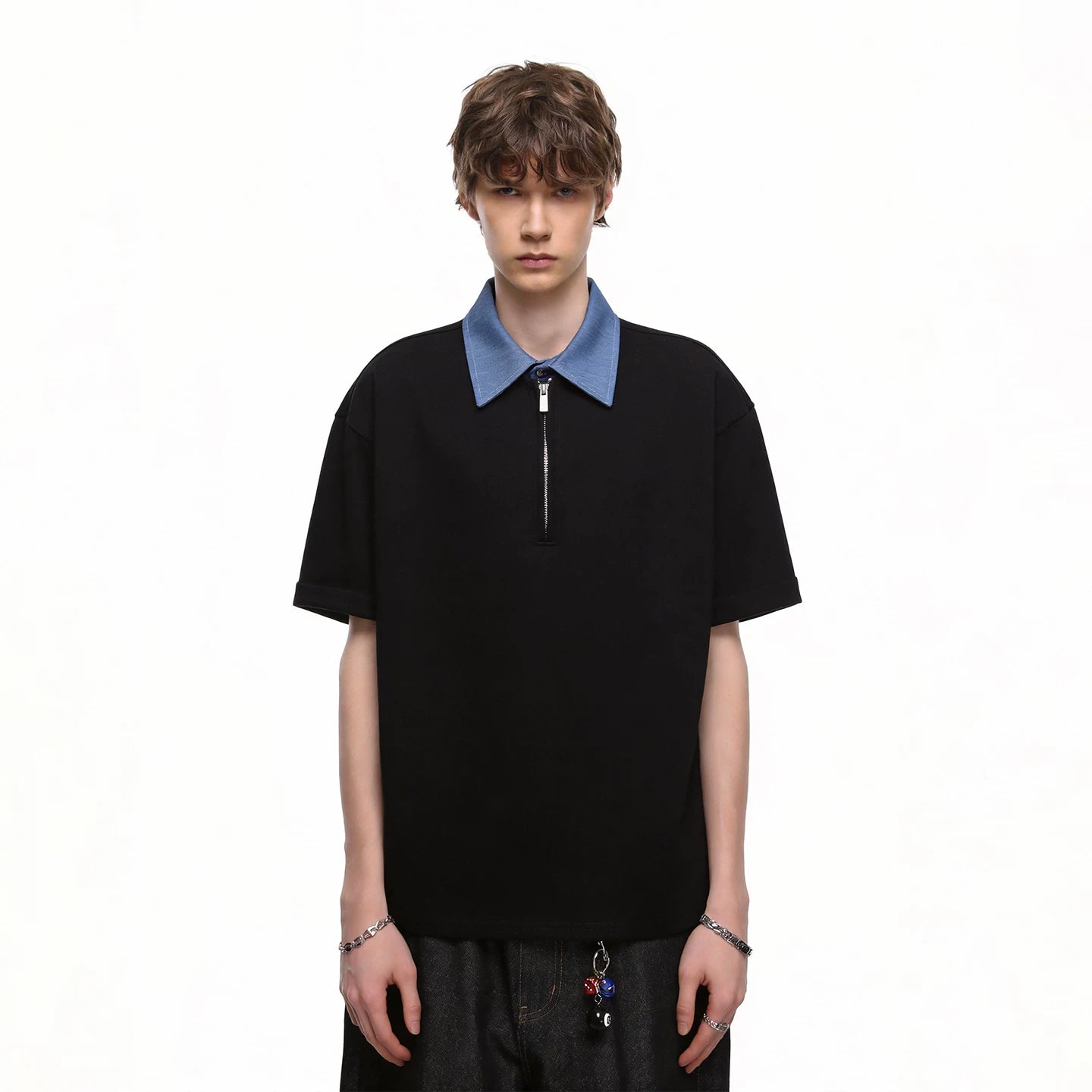 Fake two contrasting color lapel miu department college style short sleeved T-shirt for men and couples, Korean version trendy shirt collar T-shirt