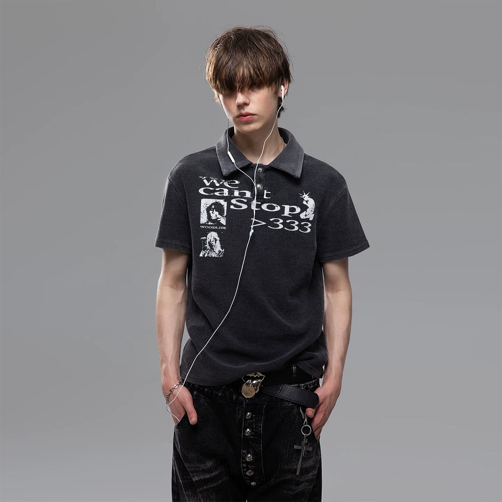 Light Asian street punk vintage waffle style shoulder T-shirt short sleeved men's summer boxy version short polo shirt