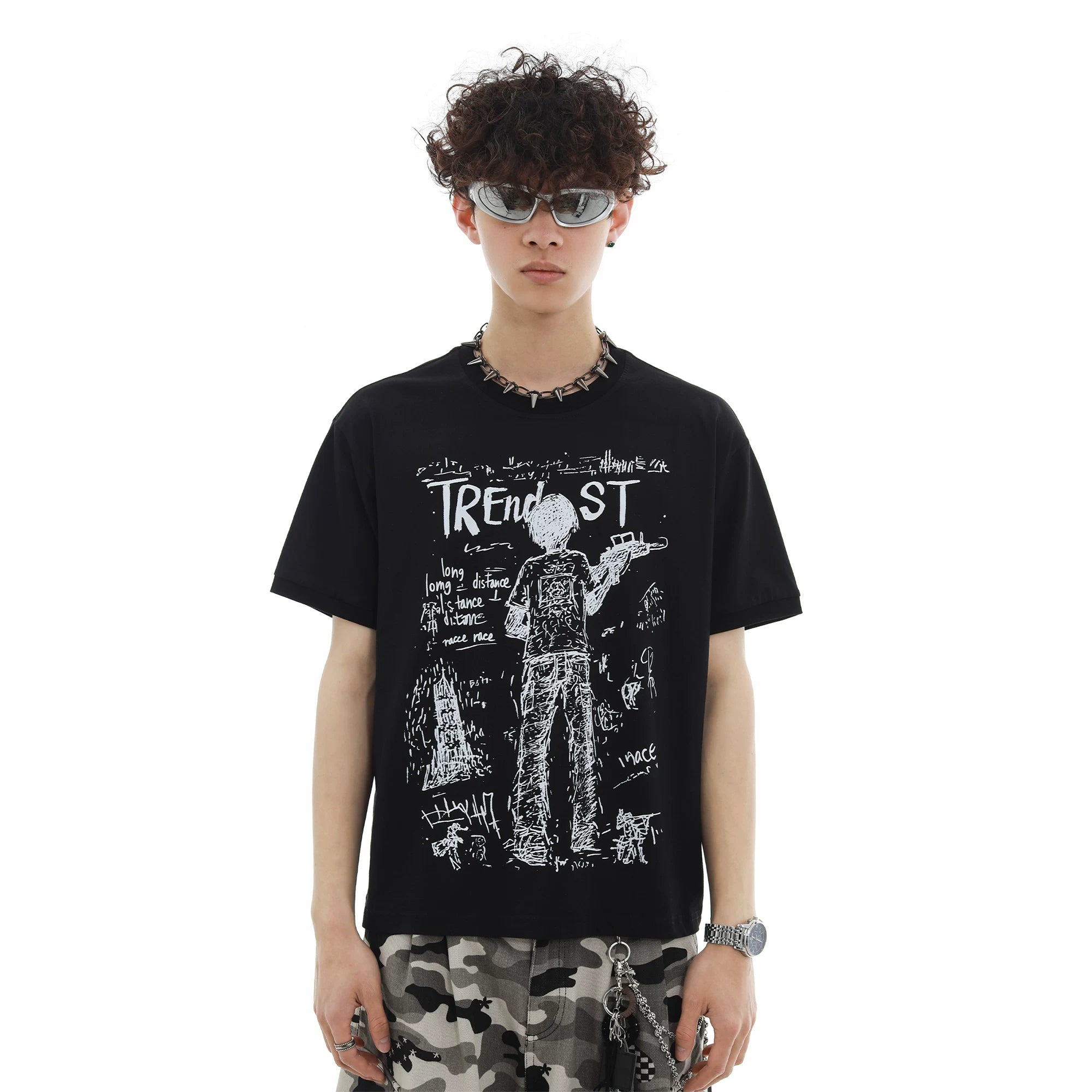 TREND ST War Short Sleeve Loose Short Width Boxy Edition Direct Spray Printed Summer Cool Breathable Micro Transparent T-shirt