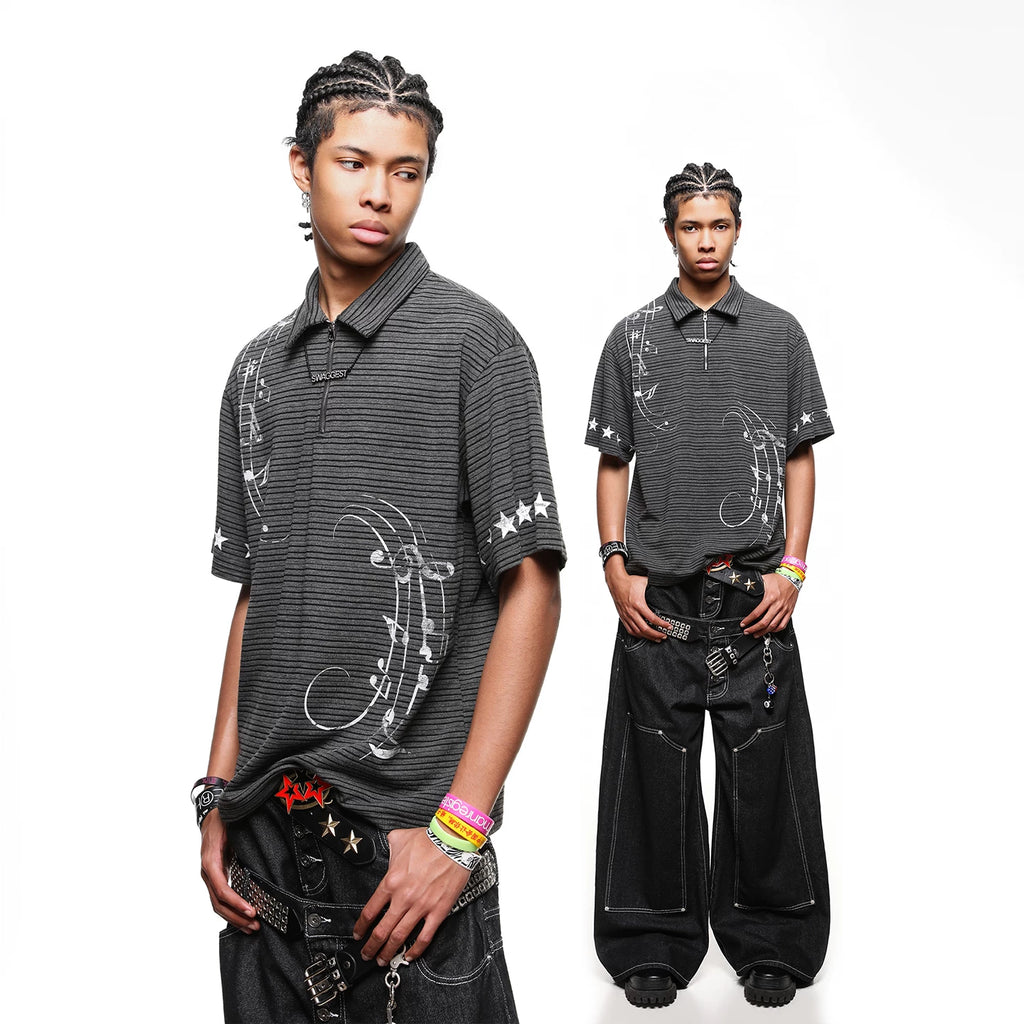 Original Trendy Brand Music Note Star Printed Half Zipper Polo Shirt for Men's Summer Retro Loose Striped Short sleeved T-shirt