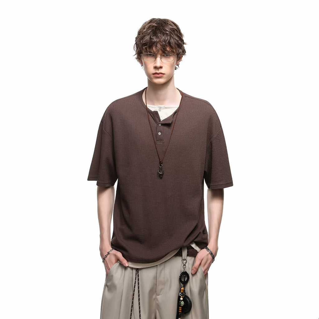 TREND ST Summer Retro Vacation Two Henley Collar Short Sleeve T-shirts for Men and Women Couple American Casual Loose Half Sleeve