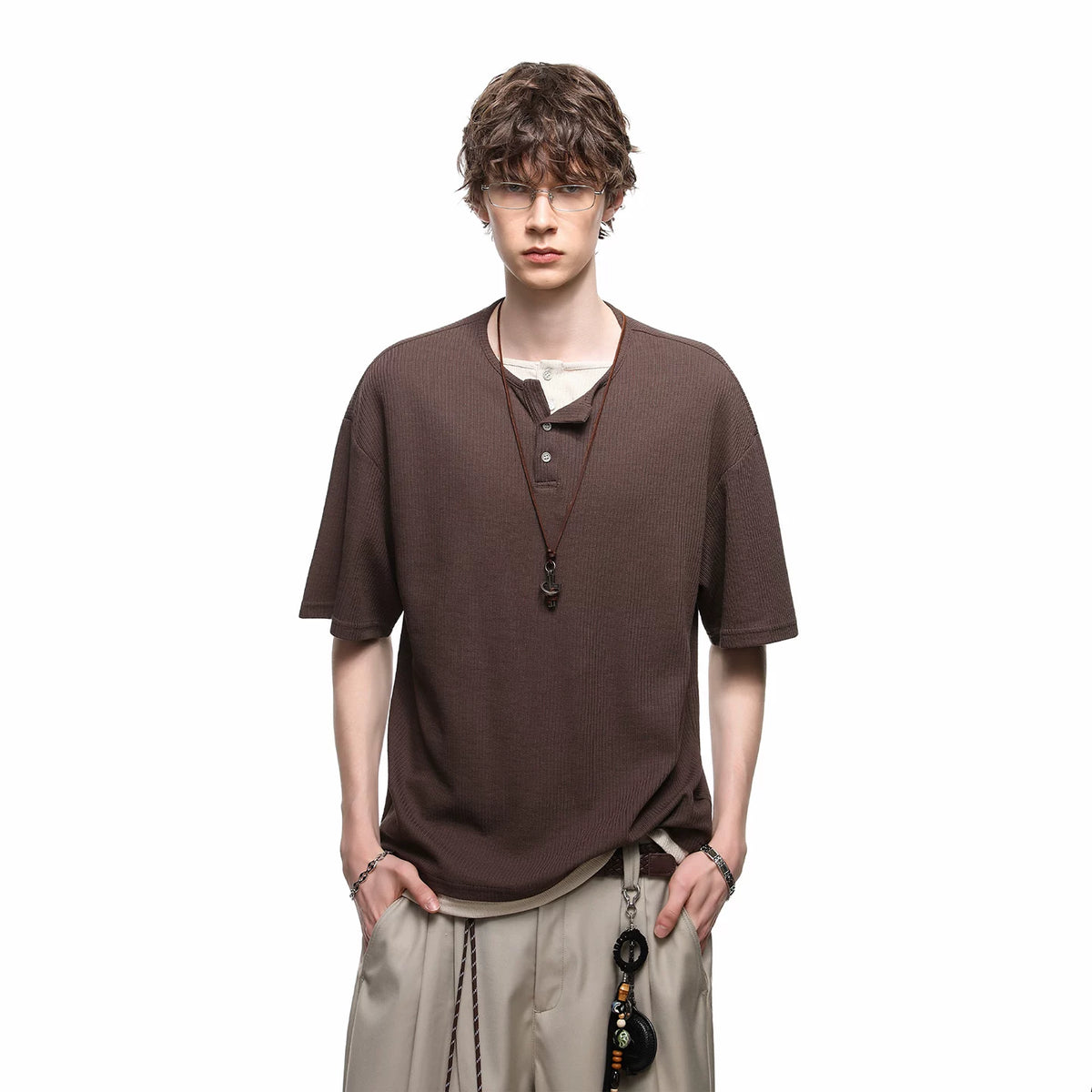 TREND ST Summer Retro Vacation Two Henley Collar Short Sleeve T-shirts for Men and Women Couple American Casual Loose Half Sleeve
