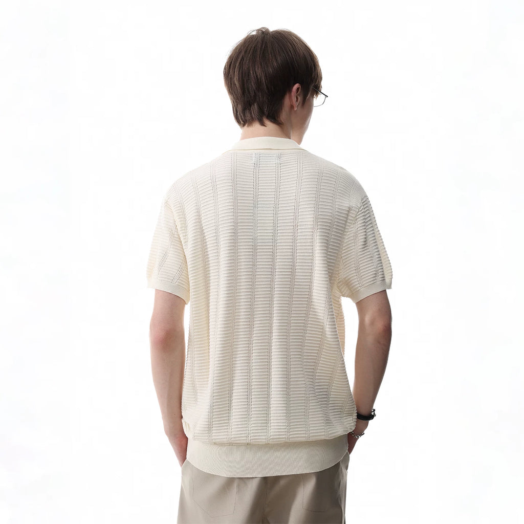 TREND ST old money style pit stripe texture knitted short sleeved polo shirt for men's summer retro short wide lapel T-shirt