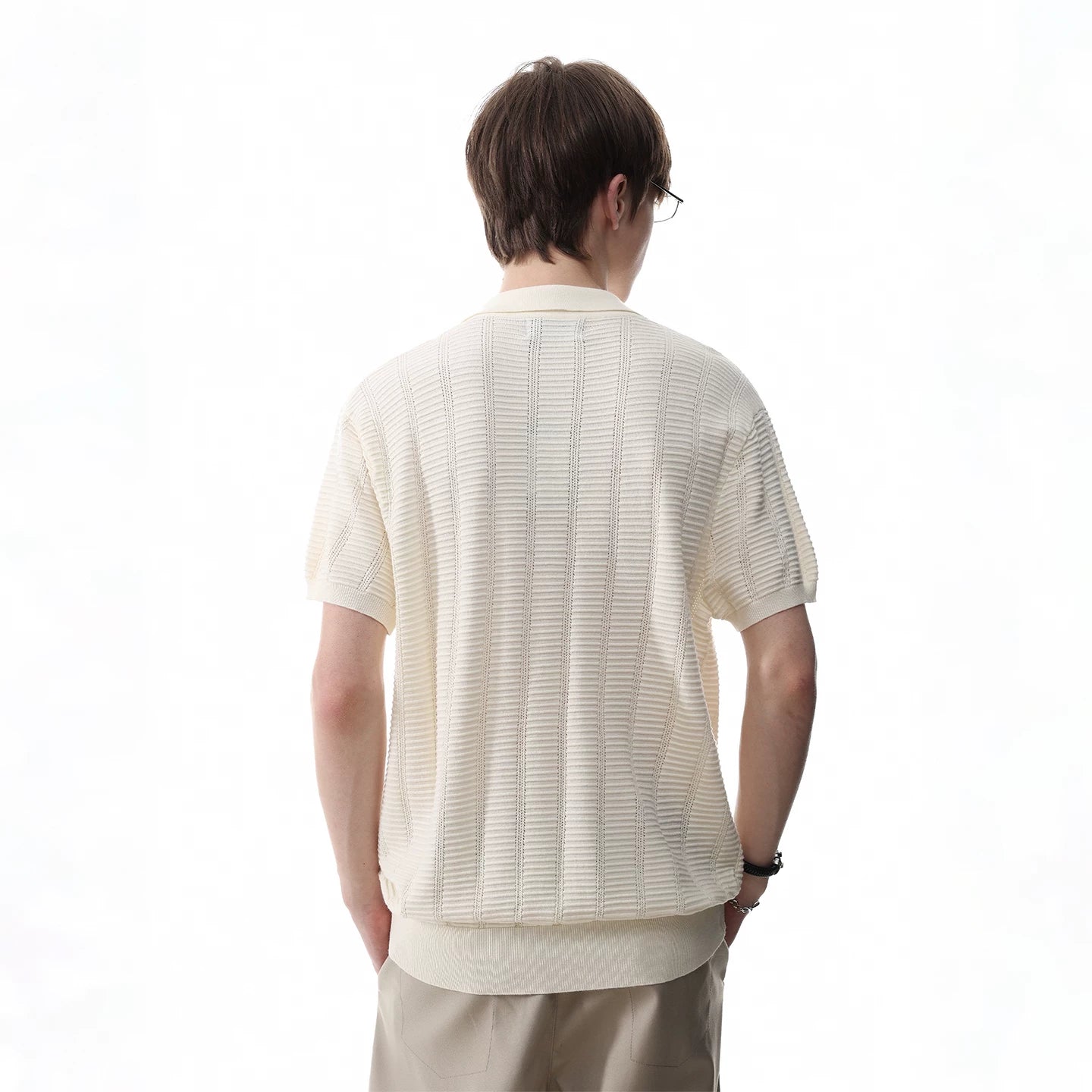TREND ST old money style pit stripe texture knitted short sleeved polo shirt for men's summer retro short wide lapel T-shirt