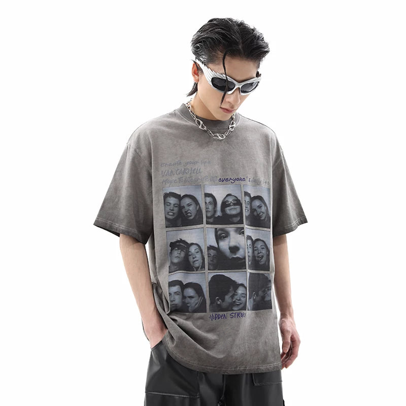American style niche nine grid figure printed short sleeved T-shirt for men in summer, retro washed and worn, loose fitting couple half sleeved T-shirt