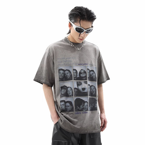 American style niche nine grid figure printed short sleeved T-shirt for men in summer, retro washed and worn, loose fitting couple half sleeved T-shirt