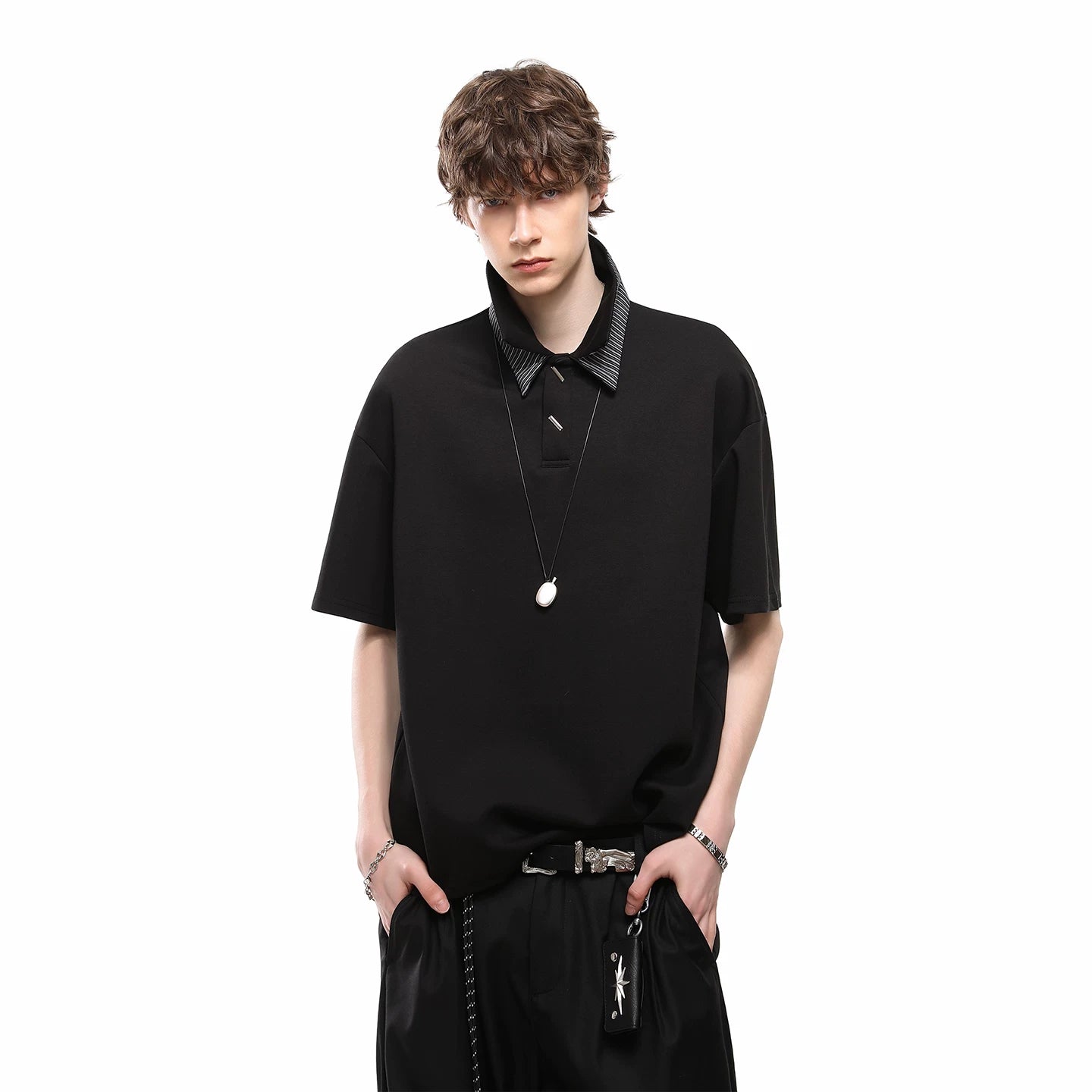 TREND ST American style fake two gray polo shirts short sleeved T-shirt men's summer cleanfit double-layer collar top