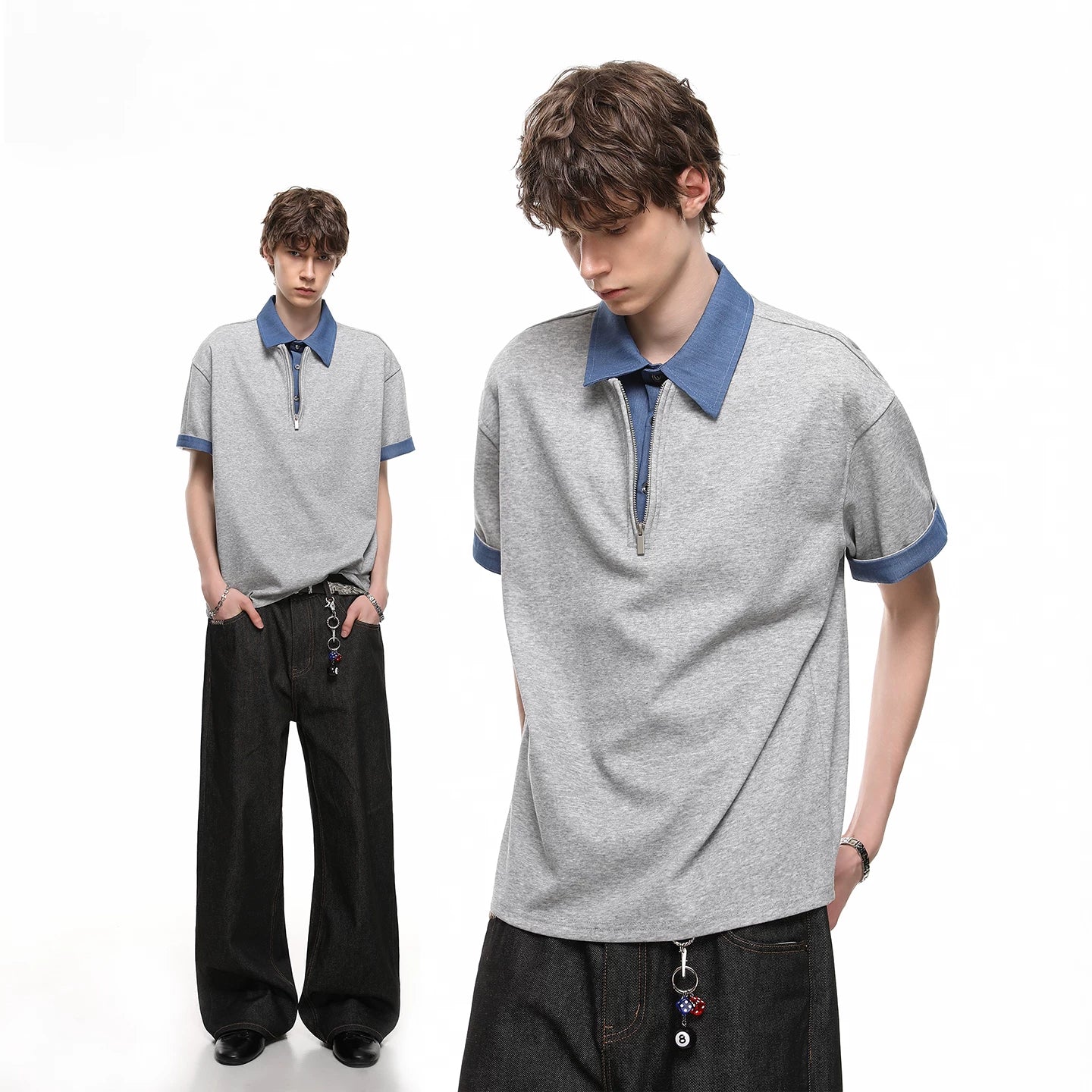 Fake two contrasting color lapel miu department college style short sleeved T-shirt for men and couples, Korean version trendy shirt collar T-shirt