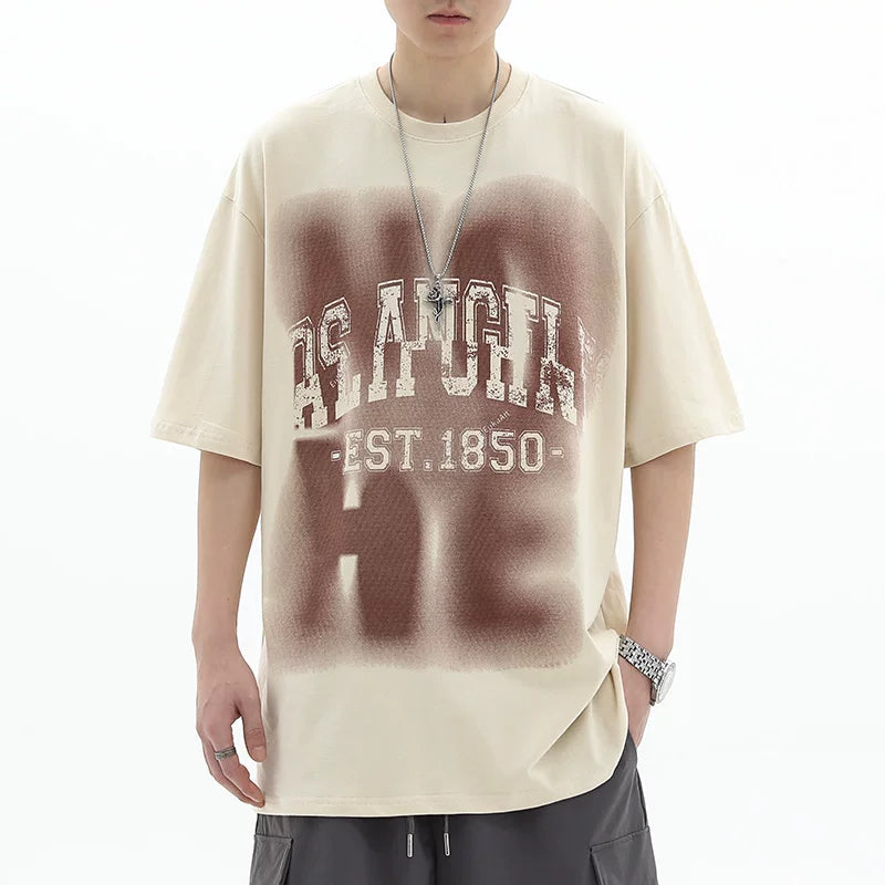 Trendy block American retro letter printed short sleeved T-shirt, loose and versatile pure cotton top, youthful and trendy style
