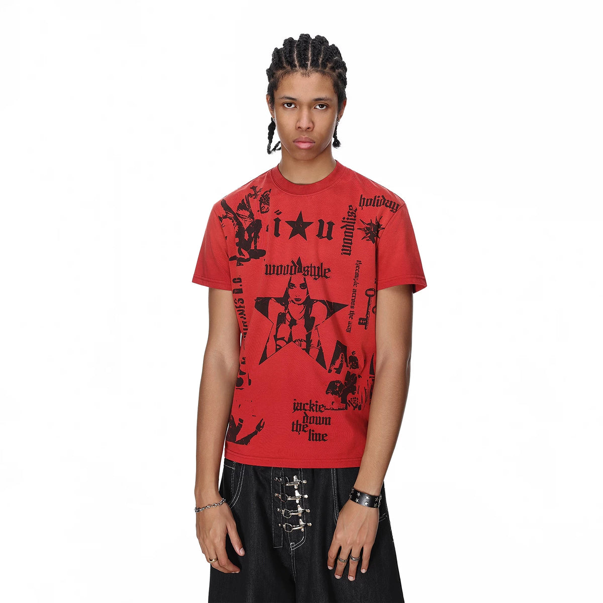Trendy block light punk style printed shoulder short sleeved T-shirt for men's summer American boxy version couple T-shirt ins