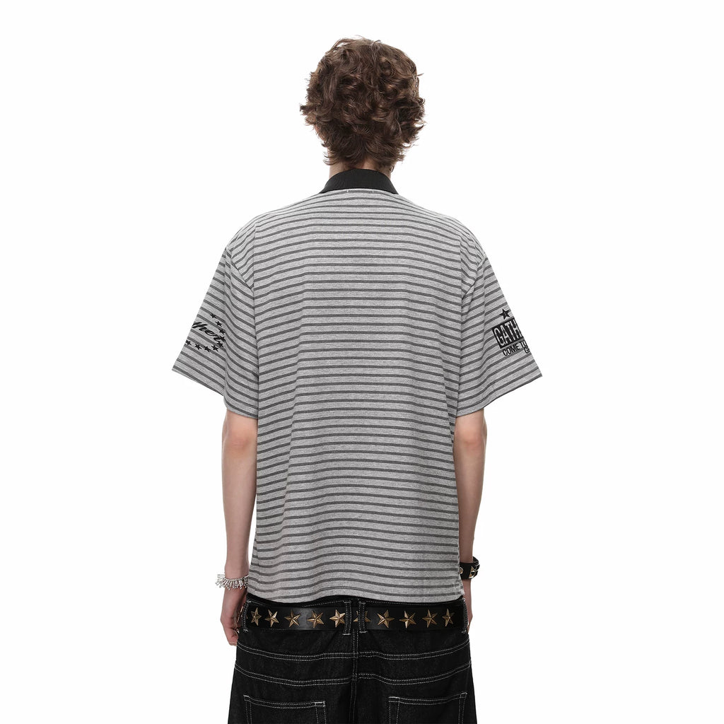 American retro striped contrasting lapel T-shirt men's 2026 summer fashion trendy brand loose letter printed polo shirt short sleeved