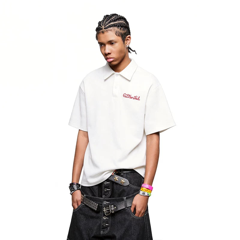 TREND ST Trendy American Retro Letter Embroidered Polo Shirt Short Sleeve Men's Summer Loose Couple Half Sleeve T-shirt