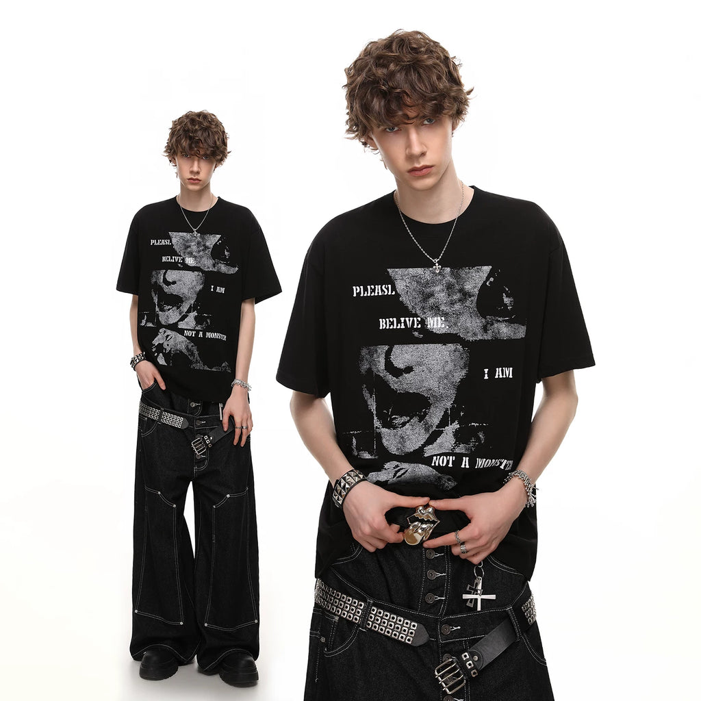 Trendy Street Summer New Product Dark High Street Portrait Printed Short Sleeve T-shirt Men's Trendy Brand Trendy Hip Hop Half Sleeve T-shirt